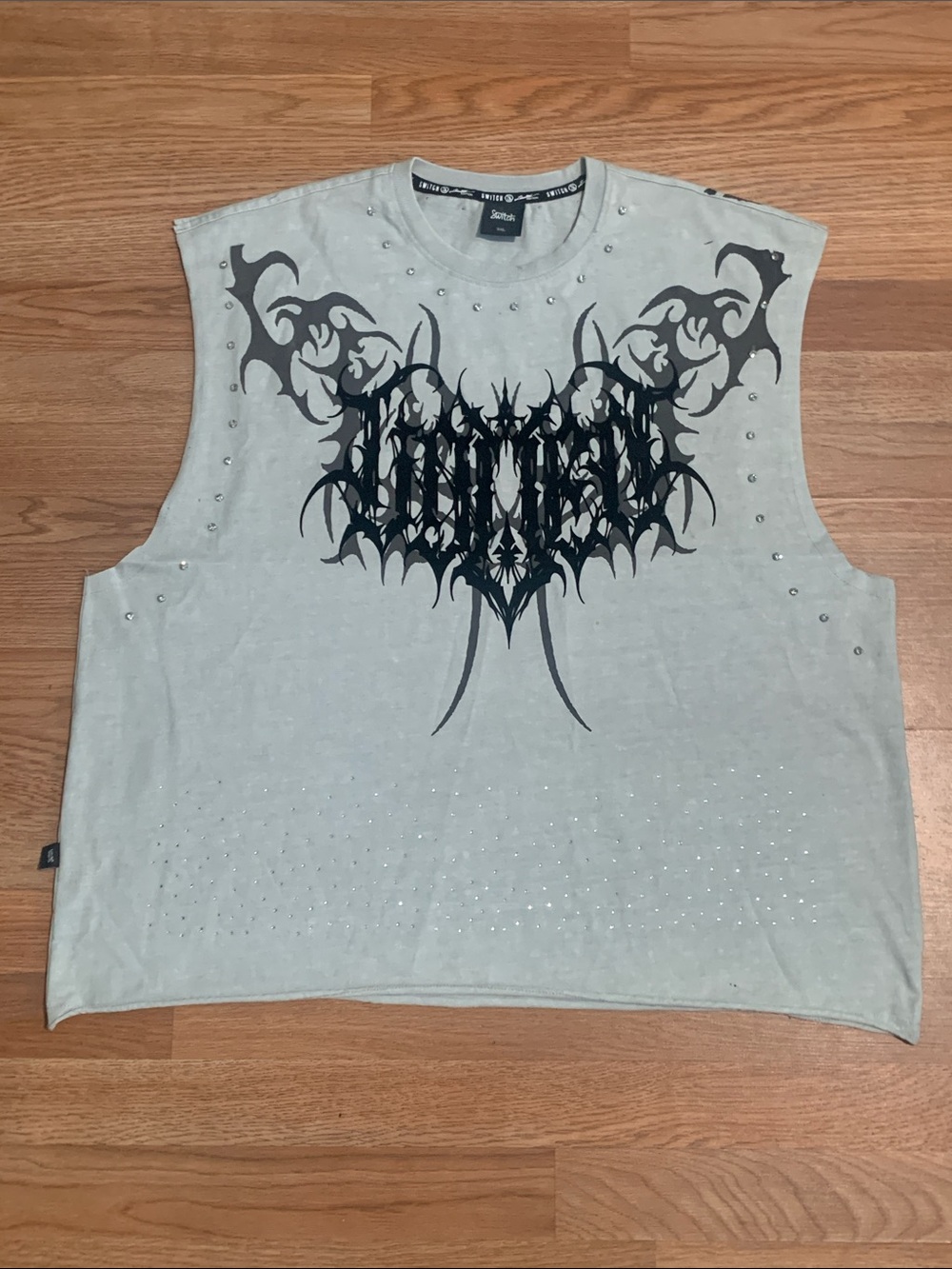 Light Gray Rhinestone Studded Graphic Muscle Tank Top